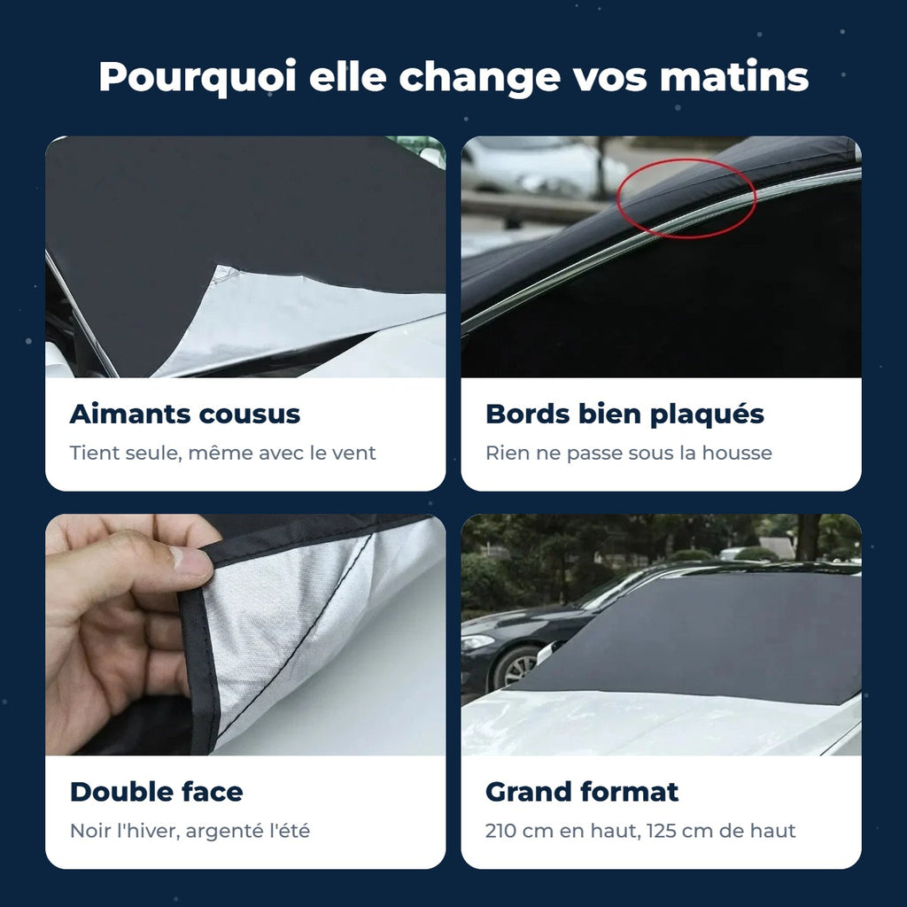 Avantages de la housse pare-brise : aimants, bords plaqués, double face, grand format