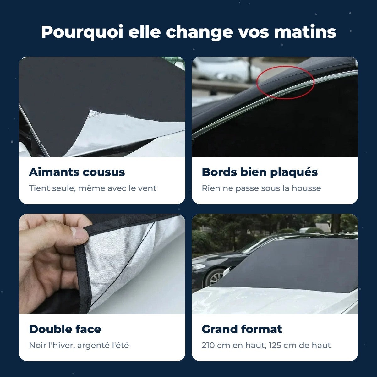 Avantages de la housse pare-brise : aimants, bords plaqués, double face, grand format